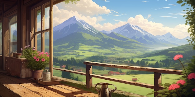 Free Photo anime style mountains landscape