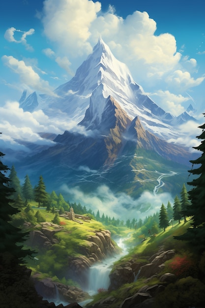 Anime style mountains landscape