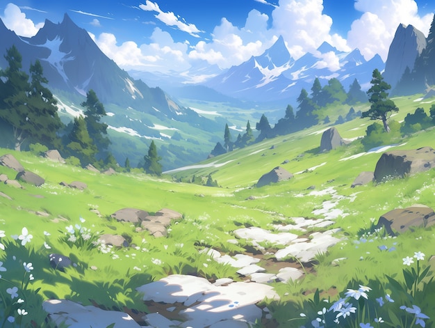 Free photo anime style mountains landscape