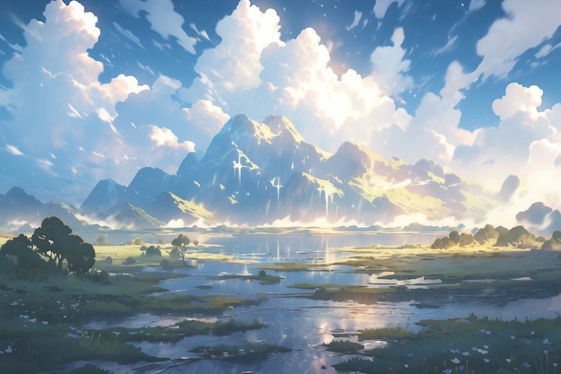 Free photo anime style mountains landscape