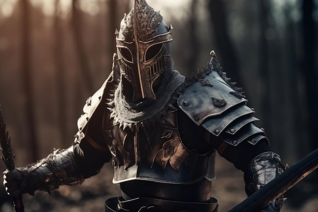 Armed fantasy warrior in metal armor and helmet generative ai