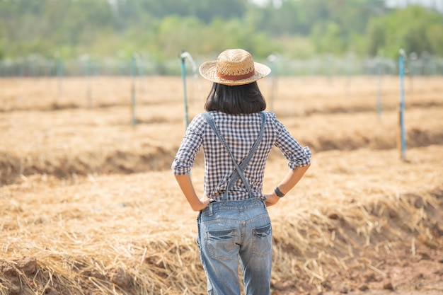 Free photo asia young female farmer in hat standing and walk in field woman  to inspecting in agricultural garden. plant growth. concept ecology, transport, clean air, food, bio product.