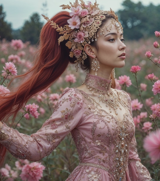 Asian girl with long red hair in a carnation field