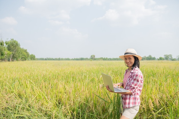 Free photo asian young female farmer in hat standing in field and typing on keyboard of laptop computer. agriculture technology concept. farmer use laptop at the gold rice field to take care of her rice.