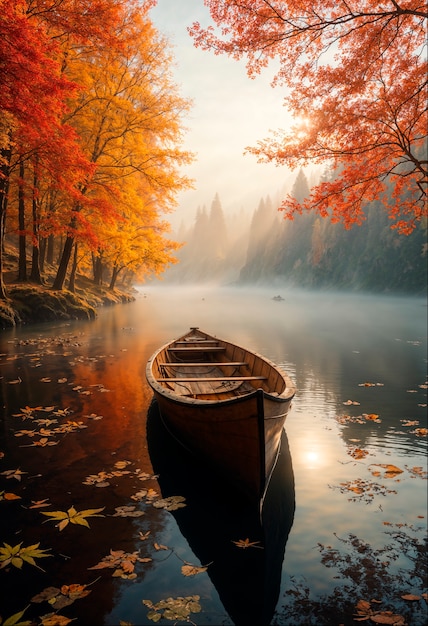 Autumn forest lake landscape