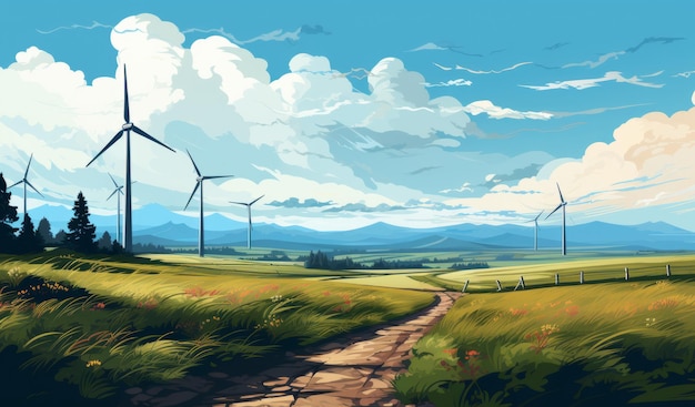Free photo banner on background of green field illustration with wind turbines