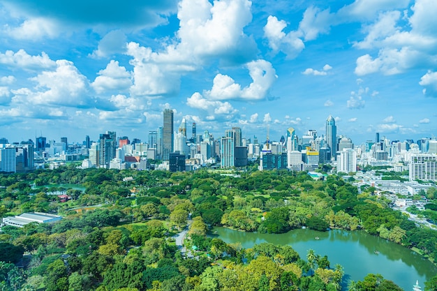 Beautiful landscape of cityscape with city building around lumpini park in bangkok Thailand