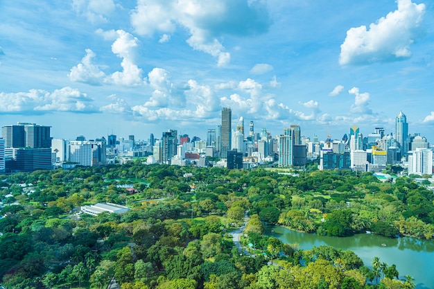 Beautiful landscape of cityscape with city building around lumpini park in bangkok Thailand