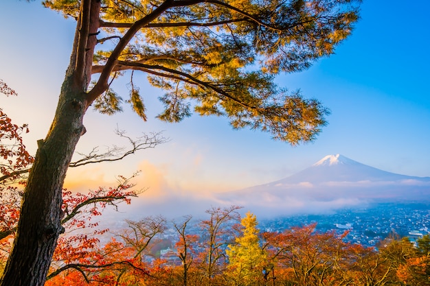 無料Photo 秋のカエデの葉の木の周りのchureito塔と山の富士の美しい風景