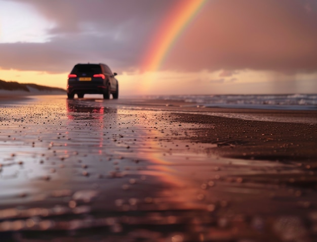 Free photo beautiful landscape with rainbow on a beach