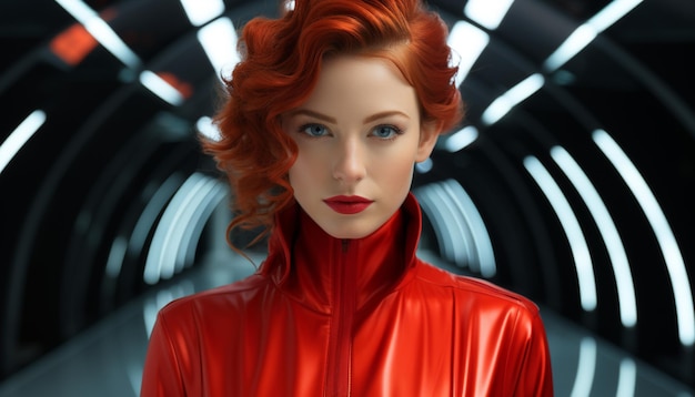 Free photo a beautiful redhead woman elegant and futuristic looking at camera generated by artificial intellingence