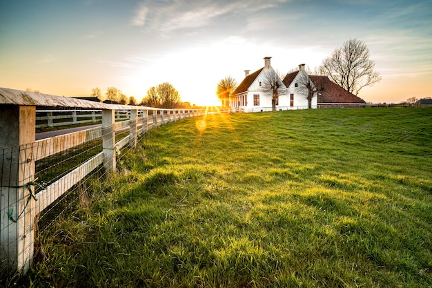 Free photo beautiful shot of a fence leading to a house in a green grass area