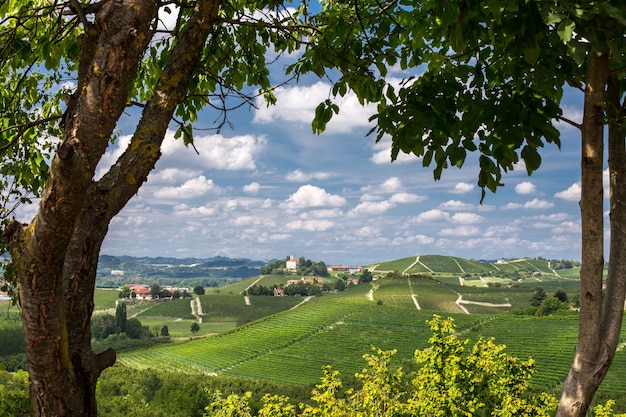 Foto gratuita bellissimo colpo di verdi colline ed edifici in lontananza sotto un cielo nuvoloso blu