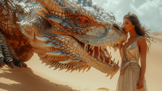 Beautiful woman with dragon fantasy scene