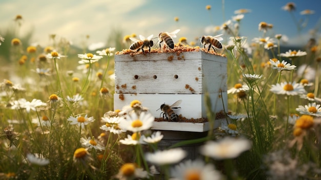 Free Photo a beehive with bees buzzing around a field with chamomiles