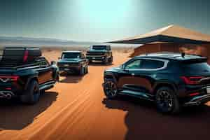 Free photo a black jeep is parked in a desert with other cars.