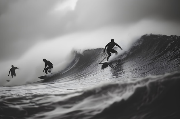 Foto gratuita ritratto in bianco e nero di persone che fanno surf tra le onde