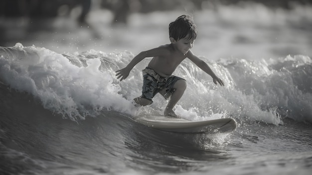 Foto gratuita ritratto in bianco e nero di una persona che fa surf tra le onde