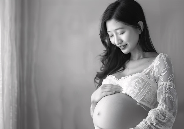 Free photo black and white portrait of woman expecting a baby