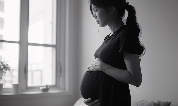 Free photo black and white portrait of woman expecting a baby