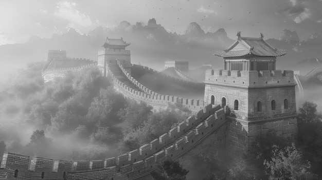 Free photo black and white scene of the great wall of china