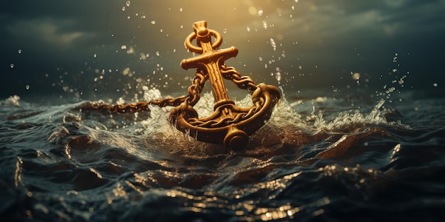 Free Photo a bold golden anchor hangs suspended above the turbulent silver waves below