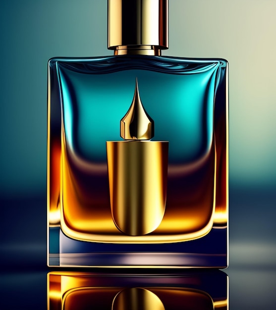 Free photo a bottle of perfume with a blue and orange label that says perfume