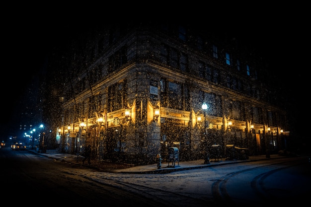 Brightly lit corner of a building at night