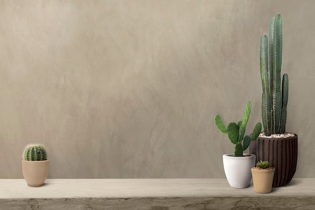 Free photo cactus on a shelf by a blank wall background