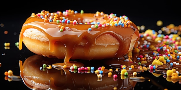 Free photo caramel streams over a sprinkled doughnut reflecting on a glossy surface