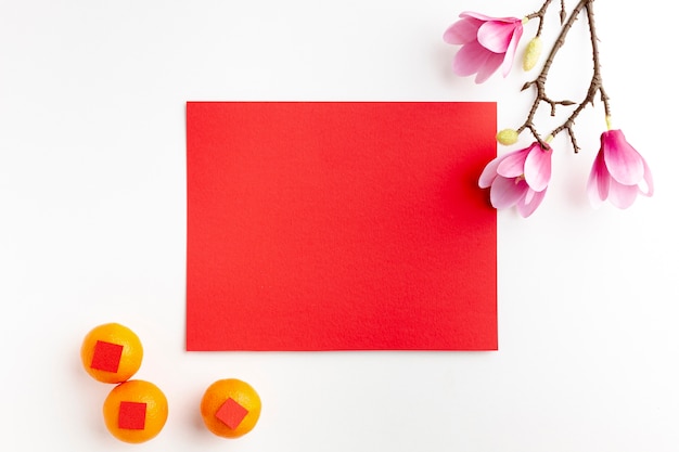 Free photo card mock-up and tangerines new chinese year