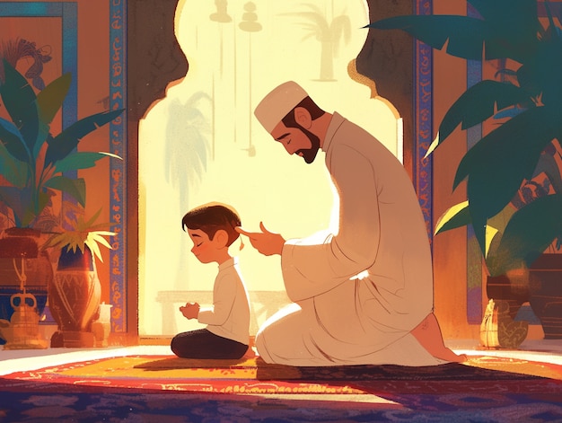 Free photo cartoon illustration of muslim family