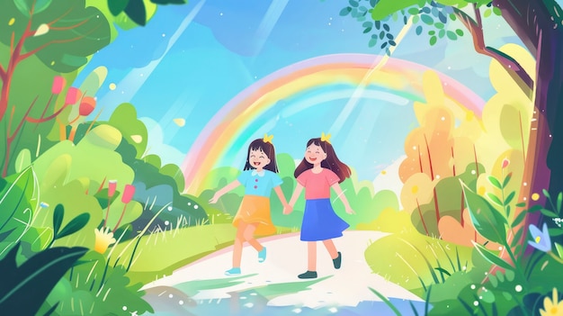 Free photo cartoon rainbow and girls