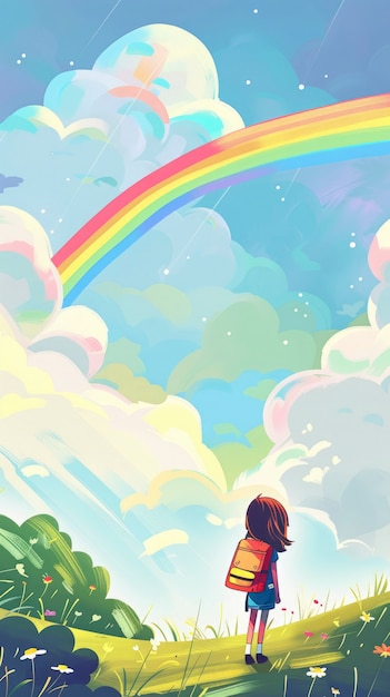 Foto gratuita l'arcobaleno dei cartoni animati e le ragazze