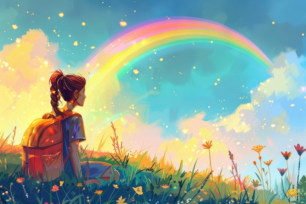 Free photo cartoon rainbow and girls