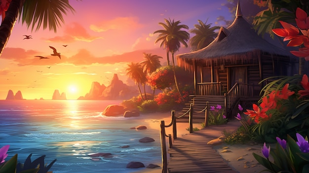 Cartoon tropical island landscape