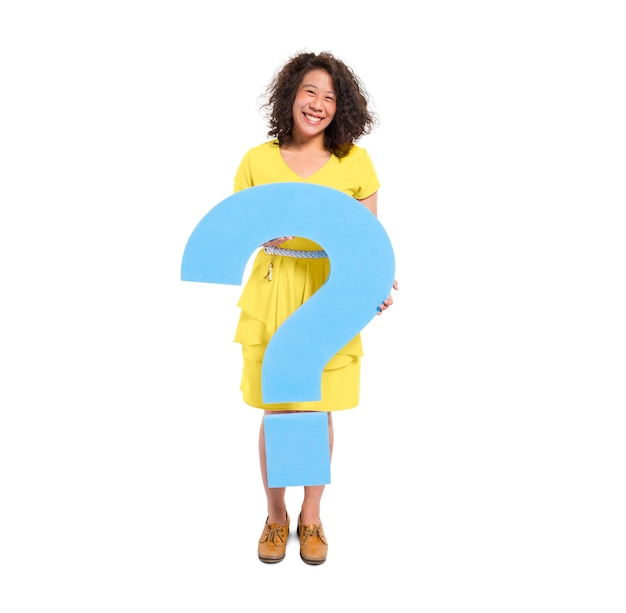 Free photo a casual woman holding a blue question mark