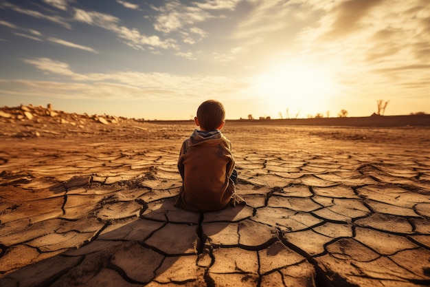 Free photo child staying in landscape of extreme drought