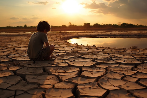 Free photo child staying in landscape of extreme drought