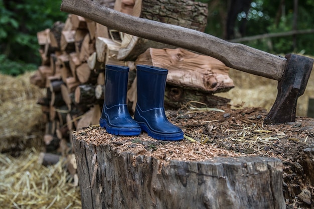 Free photo children's rubber boots on a log near