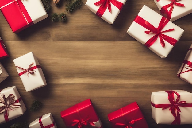 Free photo a christmas card with white and red presents and a green wreath on a wooden table