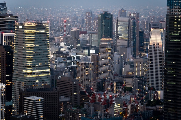 City buildings at nighttime high angle