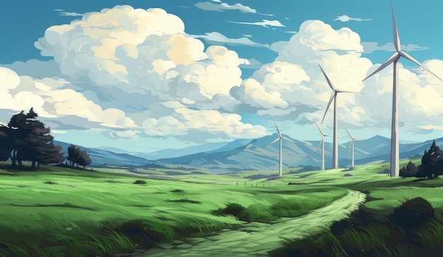 Free photo clean energy banner on a background of wind turbine illustration