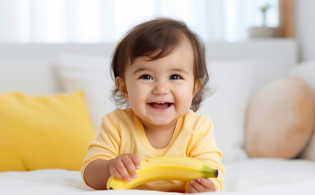 Free Photo close up on baby with bananas