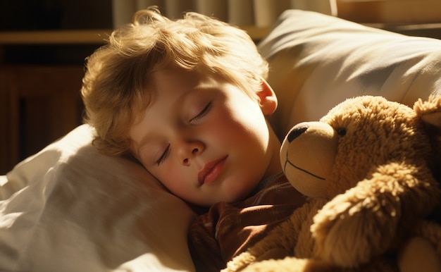 Close up on boy sleeping with teddy bear