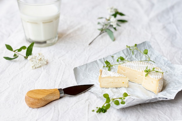 Free photo close-up brie cheese with milk