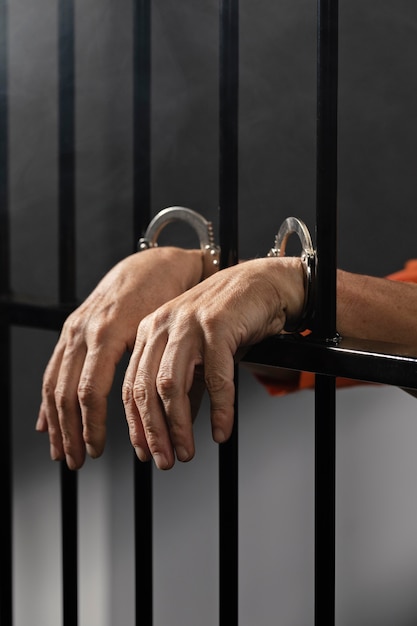 Free Photo close up on hand wearing cuffs in jail