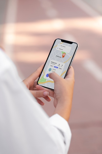 Free photo close up hands using maps app
