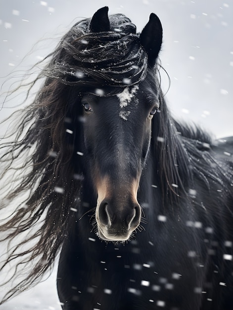 Close up on horse in snowy weather