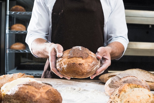 Close-up of male baker showing loaf of bread